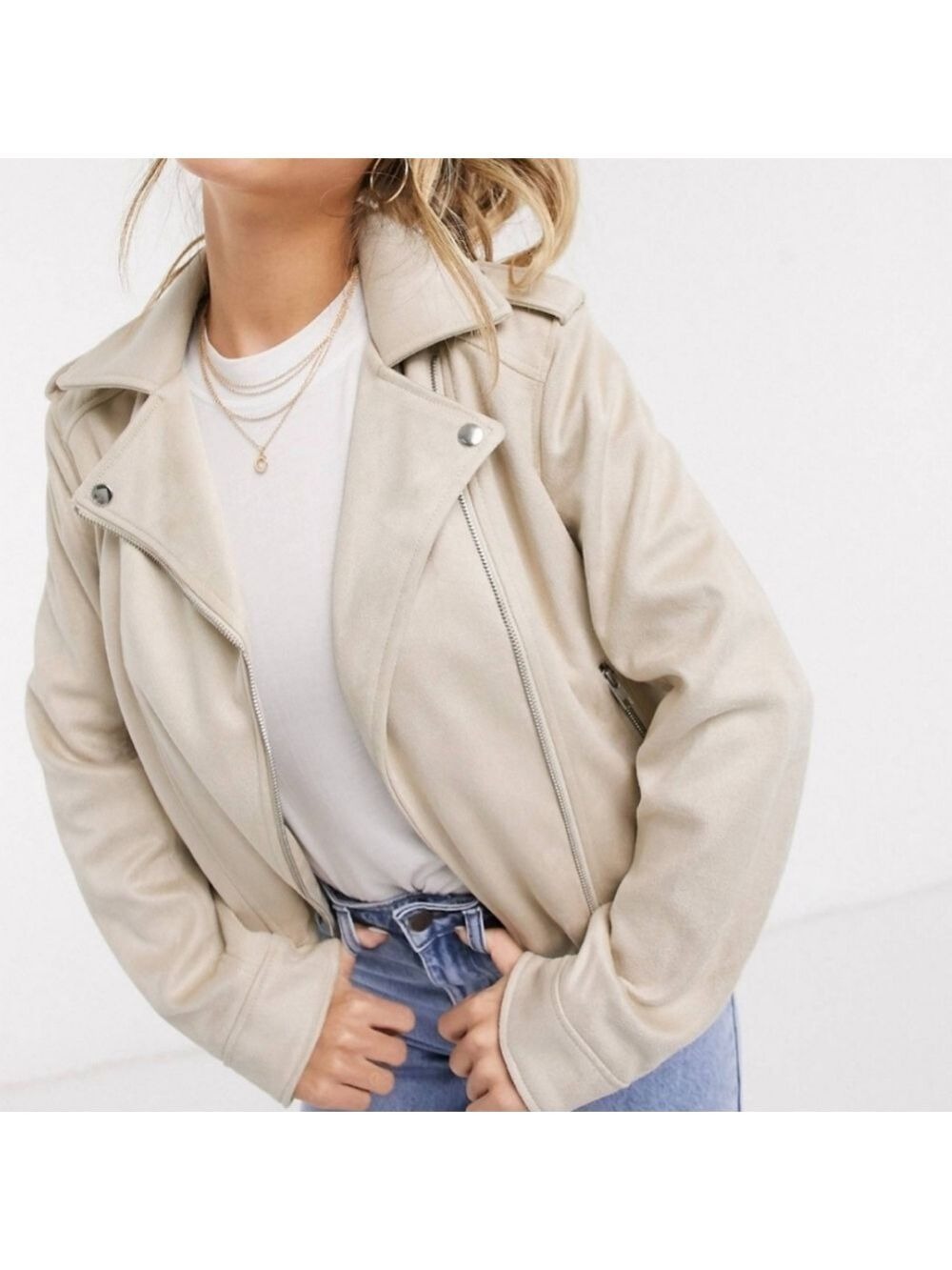 ASOS DESIGN Suedette Biker Jacket in Stone Faux Suede Moto Jacket, Size 12